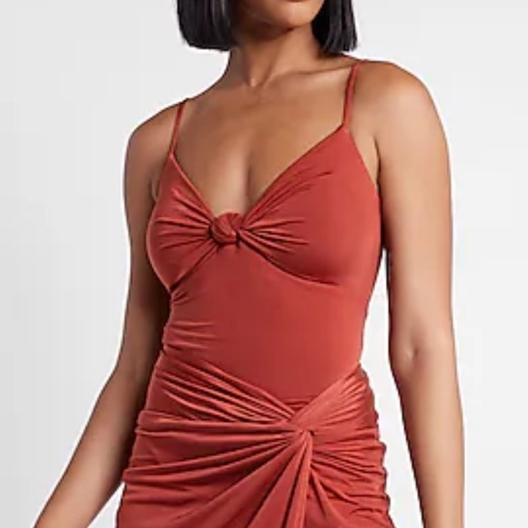 Express Body Contour Silky Knotted Front Thong Bodysuit with Removable Cups - Picture 1 of 9